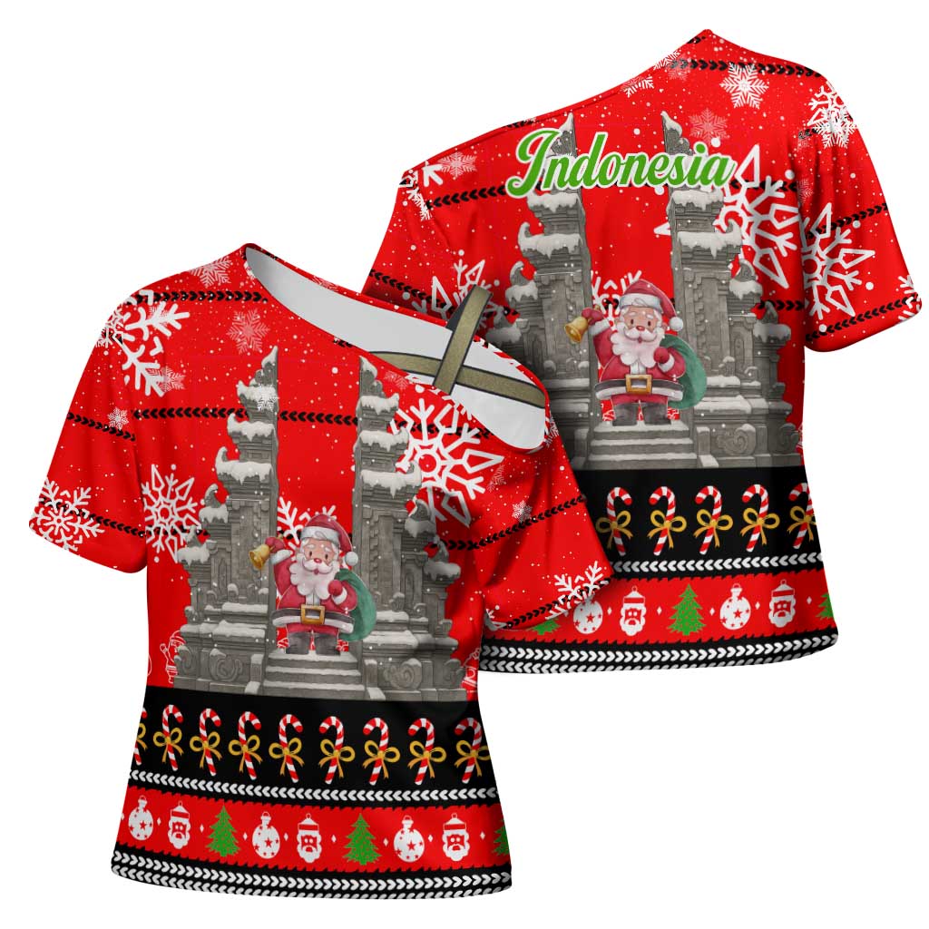 Indonesia Christmas Cross Shoulder Shirt with Santa Temple Snowflakes and Red Candy Cane Pattern - Wonder Print Shop