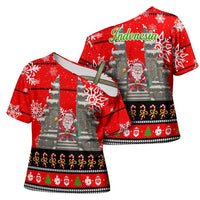 Indonesia Christmas Cross Shoulder Shirt with Santa Temple Snowflakes and Red Candy Cane Pattern - Wonder Print Shop