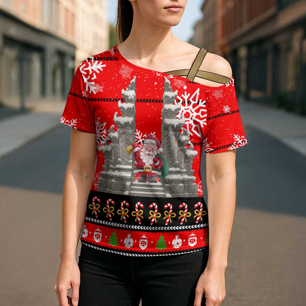 Indonesia Christmas Cross Shoulder Shirt with Santa Temple Snowflakes and Red Candy Cane Pattern - Wonder Print Shop