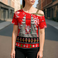 Indonesia Christmas Cross Shoulder Shirt with Santa Temple Snowflakes and Red Candy Cane Pattern - Wonder Print Shop