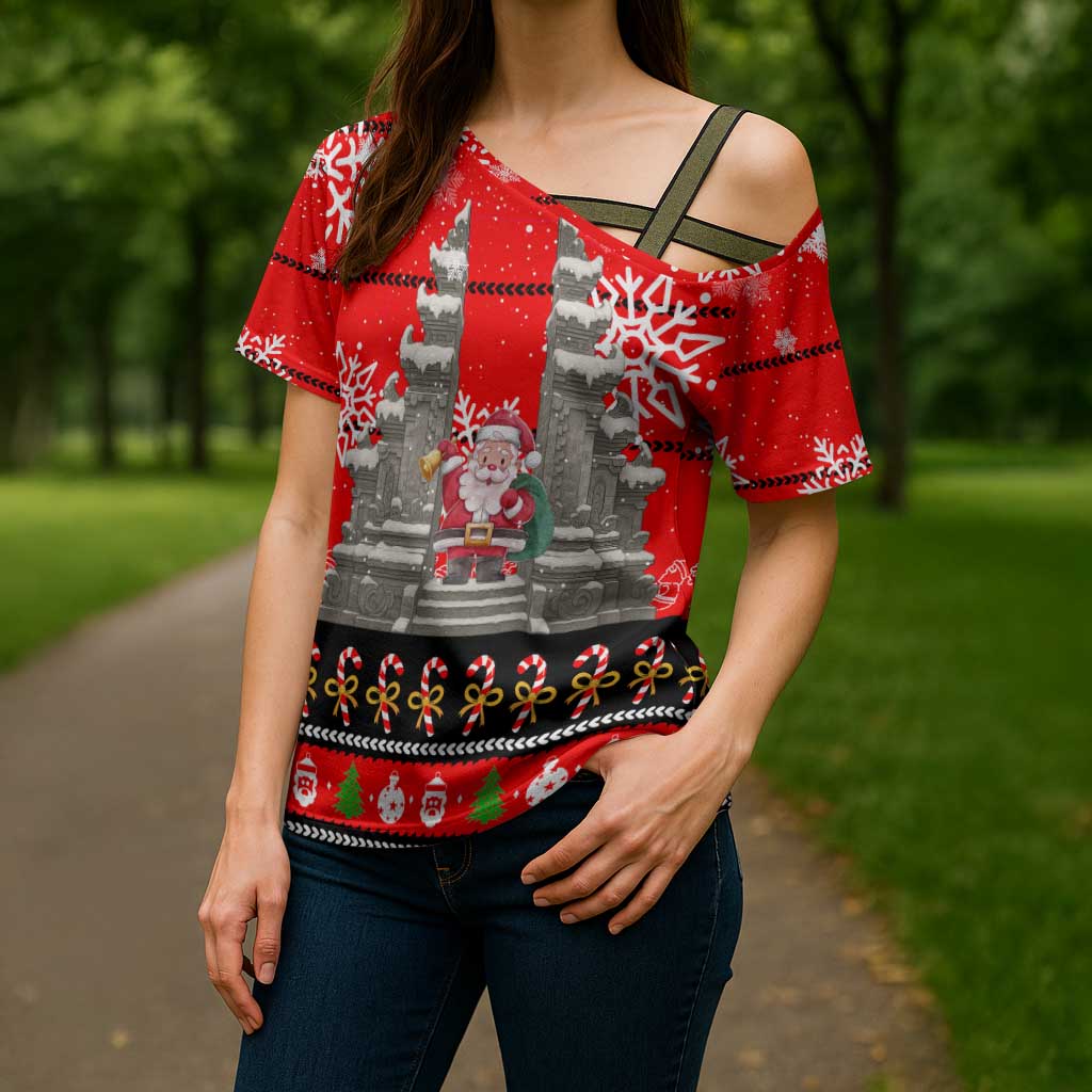 Indonesia Christmas Cross Shoulder Shirt with Santa Temple Snowflakes and Red Candy Cane Pattern - Wonder Print Shop