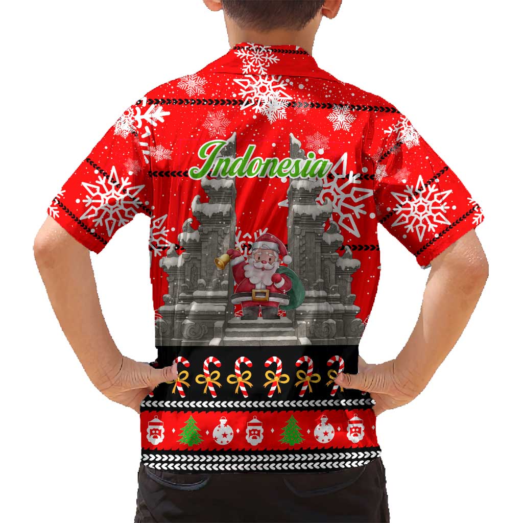 Indonesia Christmas Family Matching Long Sleeve Bodycon Dress and Hawaiian Shirt with Santa Temple Snowflakes and Red Candy Cane Pattern - Wonder Print Shop