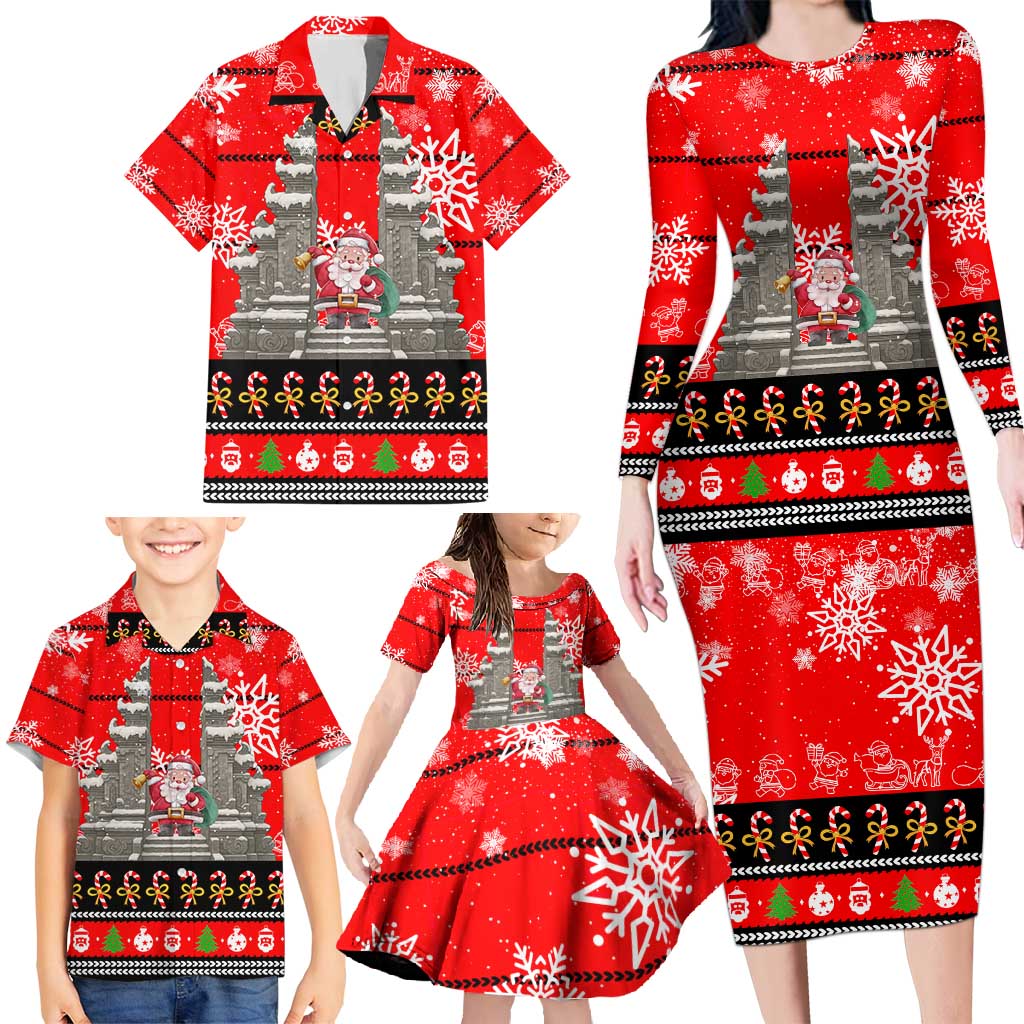 Indonesia Christmas Family Matching Long Sleeve Bodycon Dress and Hawaiian Shirt with Santa Temple Snowflakes and Red Candy Cane Pattern - Wonder Print Shop