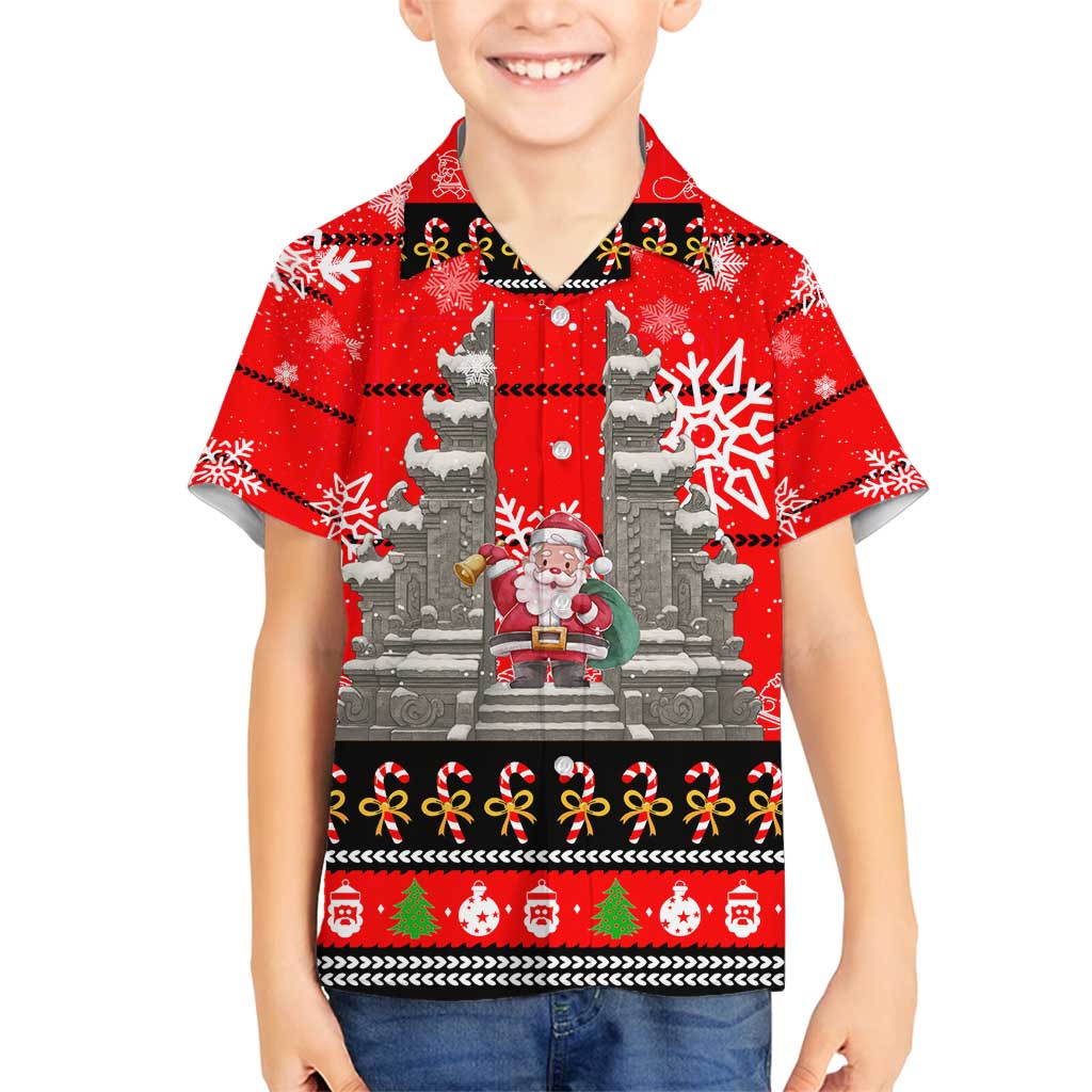 Indonesia Christmas Family Matching Long Sleeve Bodycon Dress and Hawaiian Shirt with Santa Temple Snowflakes and Red Candy Cane Pattern - Wonder Print Shop