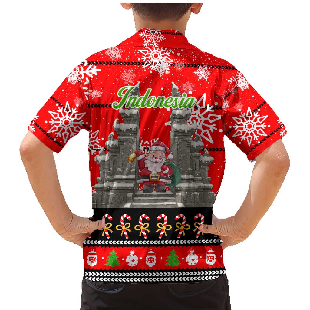 Indonesia Christmas Family Matching Mermaid Dress and Hawaiian Shirt with Santa Temple Snowflakes and Red Candy Cane Pattern - Wonder Print Shop