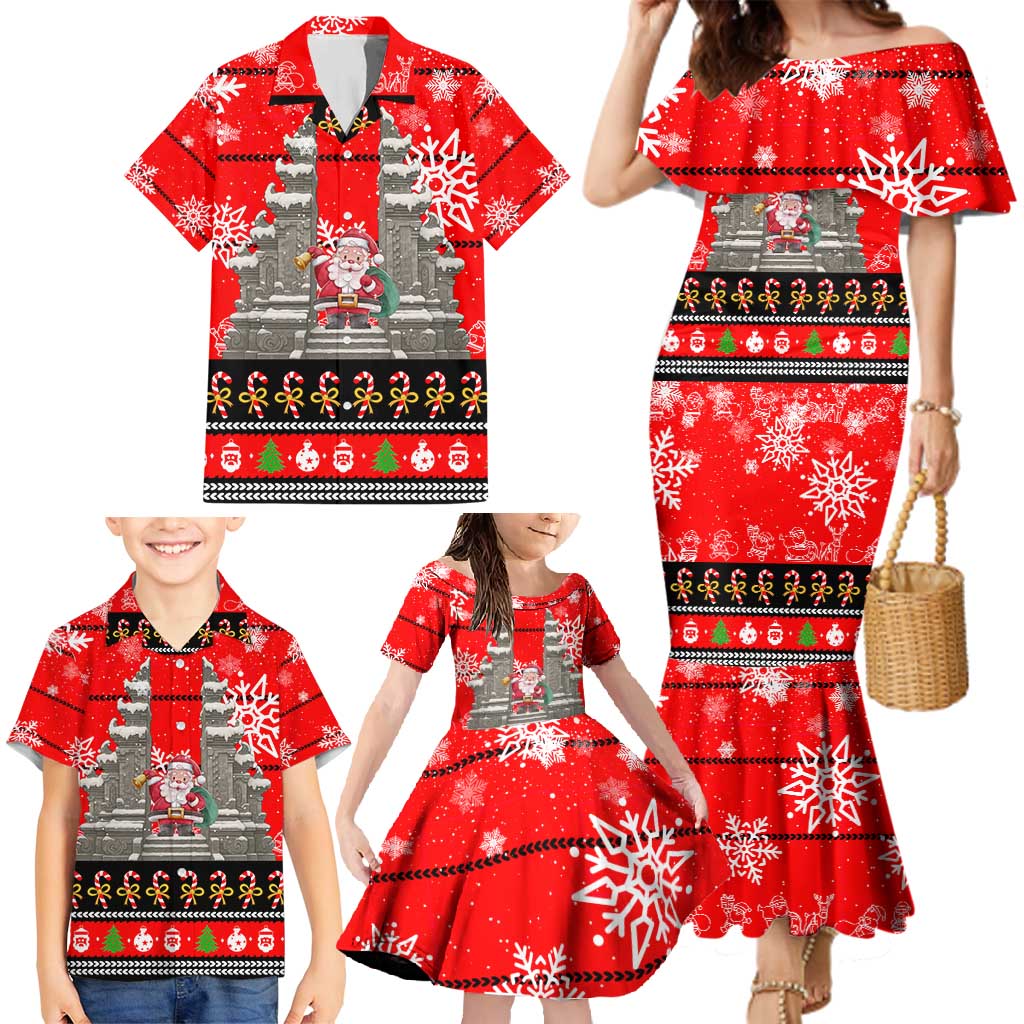 Indonesia Christmas Family Matching Mermaid Dress and Hawaiian Shirt with Santa Temple Snowflakes and Red Candy Cane Pattern - Wonder Print Shop