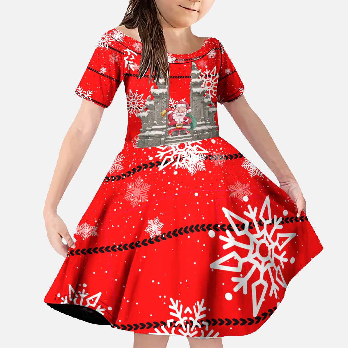 Indonesia Christmas Family Matching Off The Shoulder Long Sleeve Dress and Hawaiian Shirt with Santa Temple Snowflakes and Red Candy Cane Pattern - Wonder Print Shop