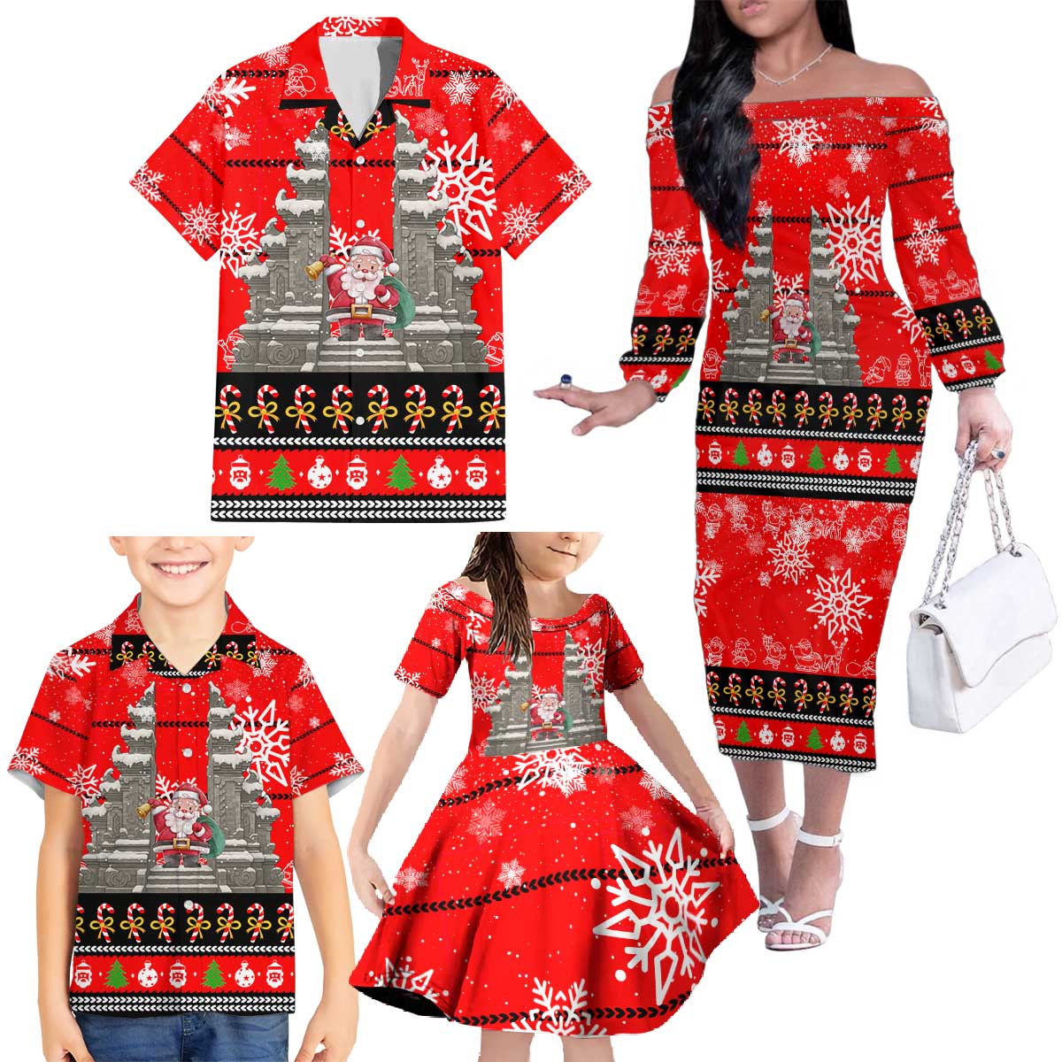 Indonesia Christmas Family Matching Off The Shoulder Long Sleeve Dress and Hawaiian Shirt with Santa Temple Snowflakes and Red Candy Cane Pattern - Wonder Print Shop