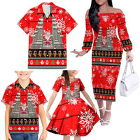 Indonesia Christmas Family Matching Off The Shoulder Long Sleeve Dress and Hawaiian Shirt with Santa Temple Snowflakes and Red Candy Cane Pattern - Wonder Print Shop