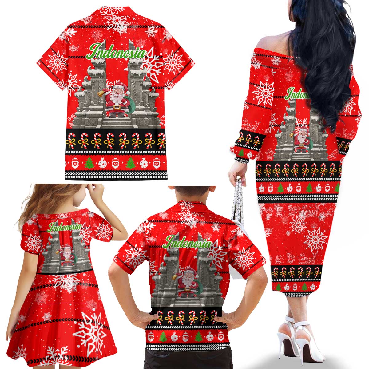 Indonesia Christmas Family Matching Off The Shoulder Long Sleeve Dress and Hawaiian Shirt with Santa Temple Snowflakes and Red Candy Cane Pattern - Wonder Print Shop