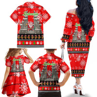 Indonesia Christmas Family Matching Off The Shoulder Long Sleeve Dress and Hawaiian Shirt with Santa Temple Snowflakes and Red Candy Cane Pattern - Wonder Print Shop