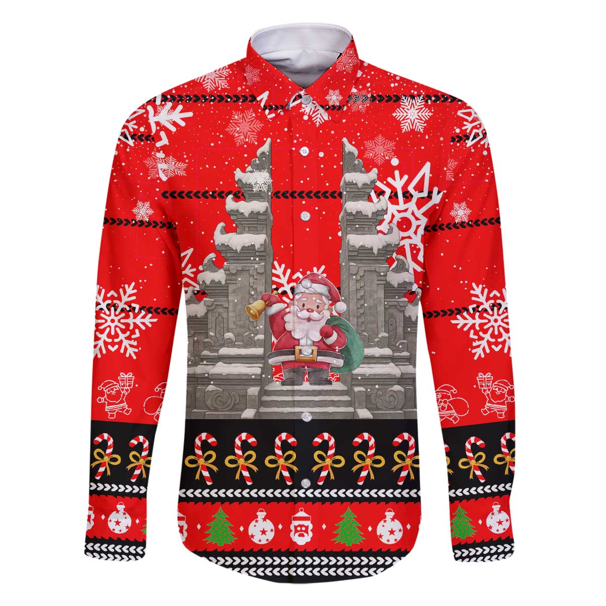 Indonesia Christmas Family Matching Off The Shoulder Long Sleeve Dress and Hawaiian Shirt with Santa Temple Snowflakes and Red Candy Cane Pattern - Wonder Print Shop