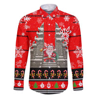 Indonesia Christmas Family Matching Off The Shoulder Long Sleeve Dress and Hawaiian Shirt with Santa Temple Snowflakes and Red Candy Cane Pattern - Wonder Print Shop