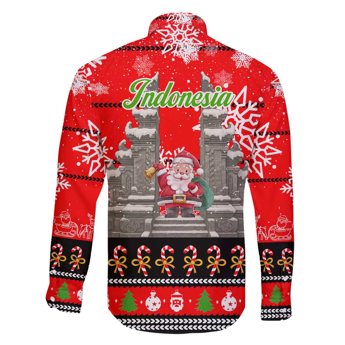 Indonesia Christmas Family Matching Off The Shoulder Long Sleeve Dress and Hawaiian Shirt with Santa Temple Snowflakes and Red Candy Cane Pattern - Wonder Print Shop