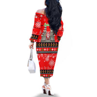 Indonesia Christmas Family Matching Off The Shoulder Long Sleeve Dress and Hawaiian Shirt with Santa Temple Snowflakes and Red Candy Cane Pattern - Wonder Print Shop
