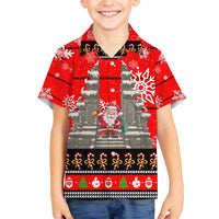 Indonesia Christmas Family Matching Off The Shoulder Long Sleeve Dress and Hawaiian Shirt with Santa Temple Snowflakes and Red Candy Cane Pattern - Wonder Print Shop