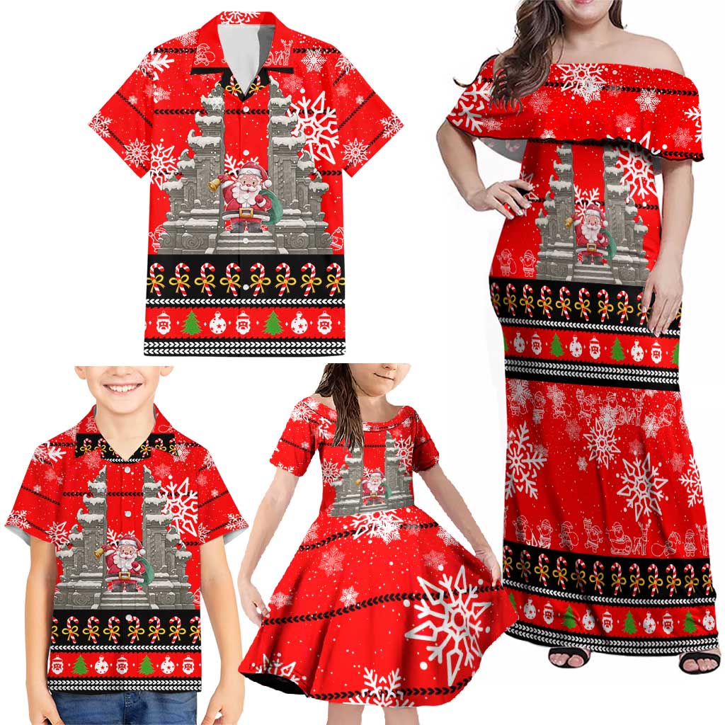 Indonesia Christmas Family Matching Off Shoulder Maxi Dress and Hawaiian Shirt with Santa Temple Snowflakes and Red Candy Cane Pattern - Wonder Print Shop