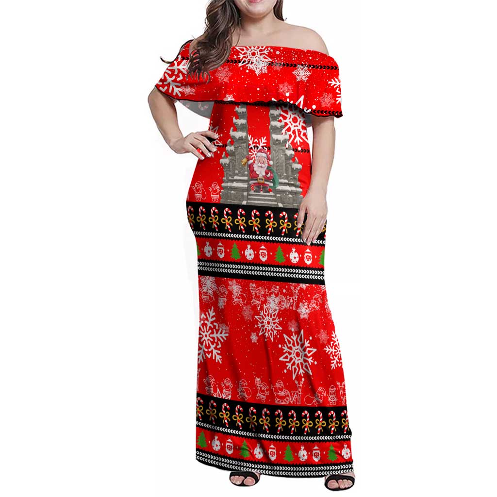 Indonesia Christmas Family Matching Off Shoulder Maxi Dress and Hawaiian Shirt with Santa Temple Snowflakes and Red Candy Cane Pattern - Wonder Print Shop
