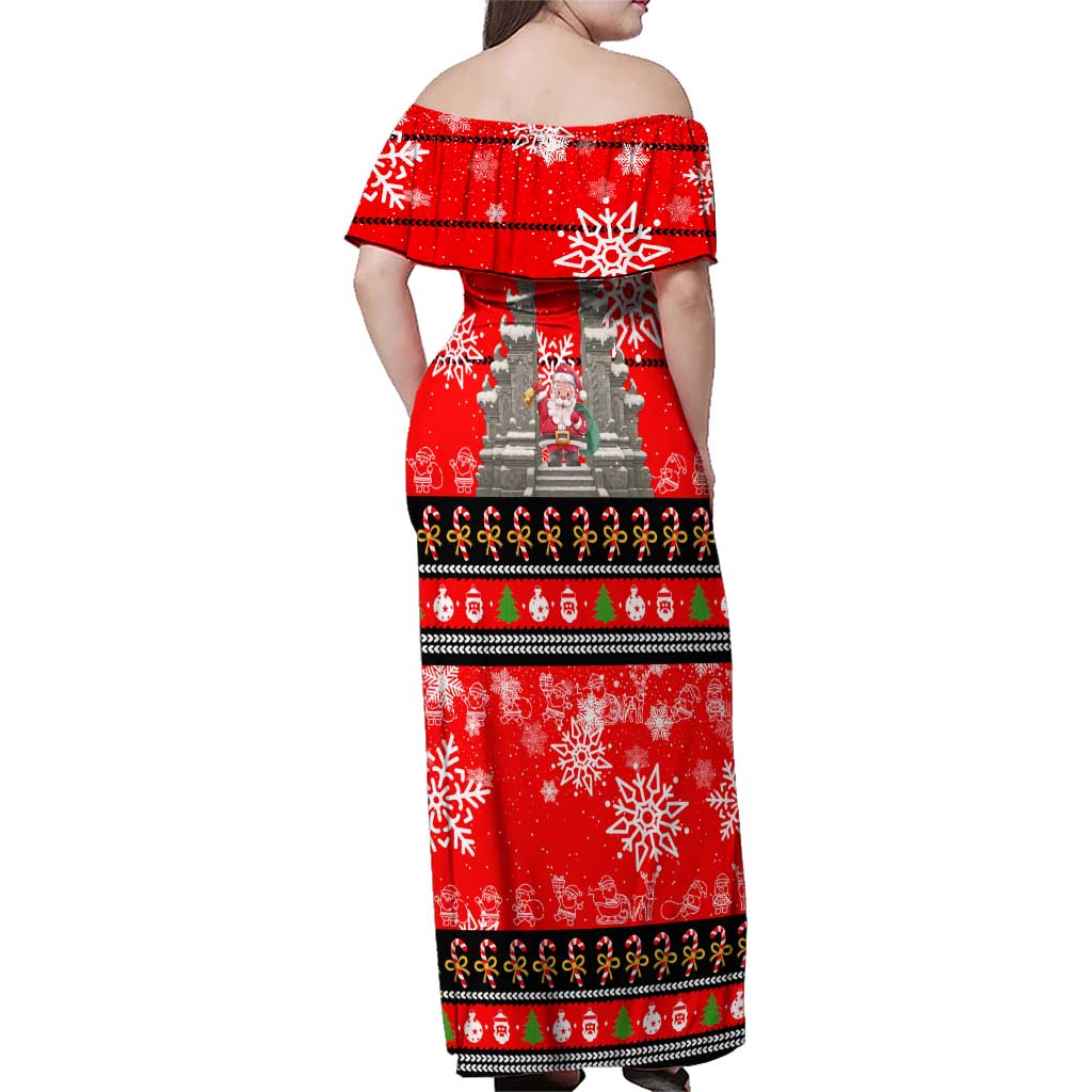 Indonesia Christmas Family Matching Off Shoulder Maxi Dress and Hawaiian Shirt with Santa Temple Snowflakes and Red Candy Cane Pattern - Wonder Print Shop