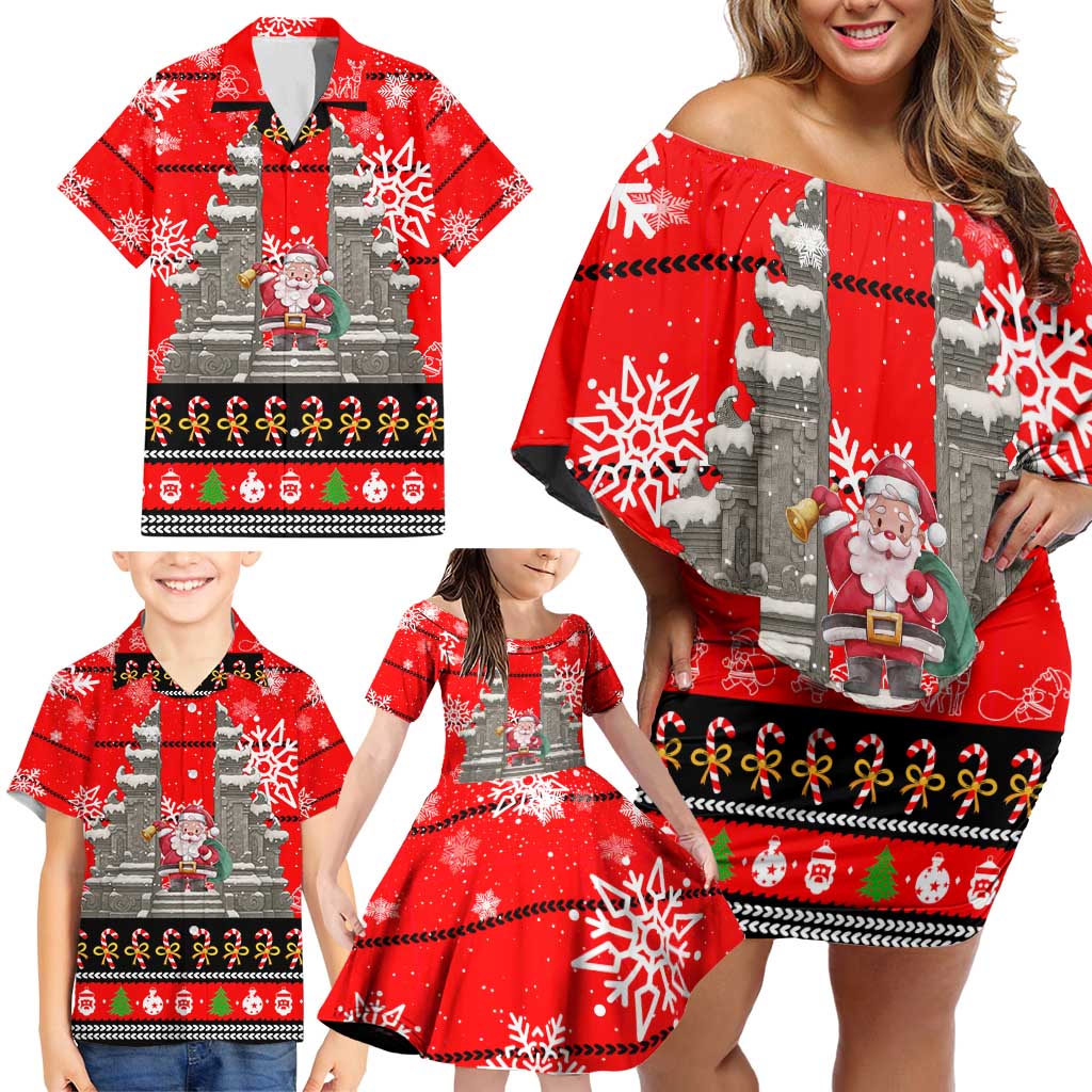 Indonesia Christmas Family Matching Off Shoulder Short Dress and Hawaiian Shirt with Santa Temple Snowflakes and Red Candy Cane Pattern - Wonder Print Shop