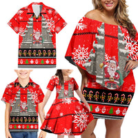 Indonesia Christmas Family Matching Off Shoulder Short Dress and Hawaiian Shirt with Santa Temple Snowflakes and Red Candy Cane Pattern - Wonder Print Shop