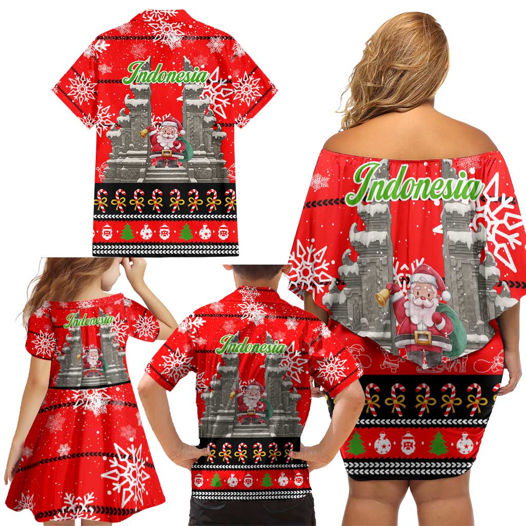 Indonesia Christmas Family Matching Off Shoulder Short Dress and Hawaiian Shirt with Santa Temple Snowflakes and Red Candy Cane Pattern - Wonder Print Shop