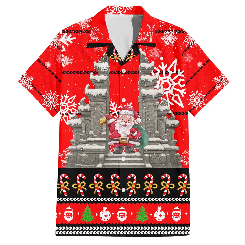 Indonesia Christmas Family Matching Off Shoulder Short Dress and Hawaiian Shirt with Santa Temple Snowflakes and Red Candy Cane Pattern - Wonder Print Shop