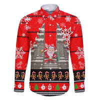 Indonesia Christmas Family Matching Off Shoulder Short Dress and Hawaiian Shirt with Santa Temple Snowflakes and Red Candy Cane Pattern - Wonder Print Shop