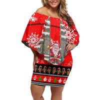 Indonesia Christmas Family Matching Off Shoulder Short Dress and Hawaiian Shirt with Santa Temple Snowflakes and Red Candy Cane Pattern - Wonder Print Shop