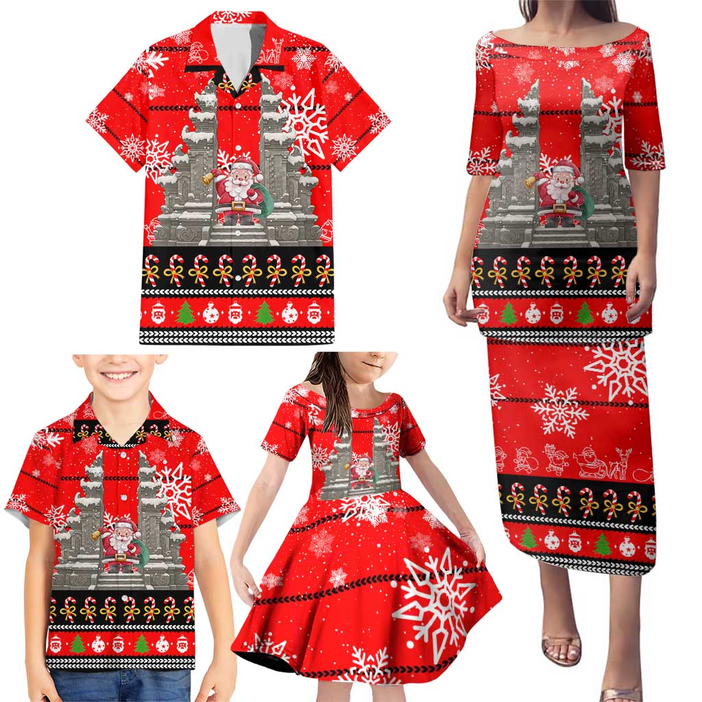 Indonesia Christmas Family Matching Puletasi and Hawaiian Shirt with Santa Temple Snowflakes and Red Candy Cane Pattern - Wonder Print Shop