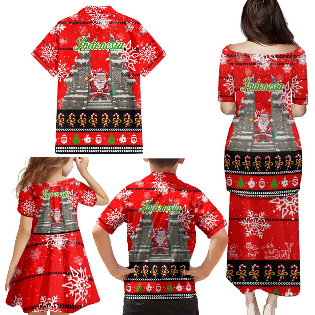 Indonesia Christmas Family Matching Puletasi and Hawaiian Shirt with Santa Temple Snowflakes and Red Candy Cane Pattern - Wonder Print Shop