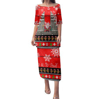 Indonesia Christmas Family Matching Puletasi and Hawaiian Shirt with Santa Temple Snowflakes and Red Candy Cane Pattern - Wonder Print Shop