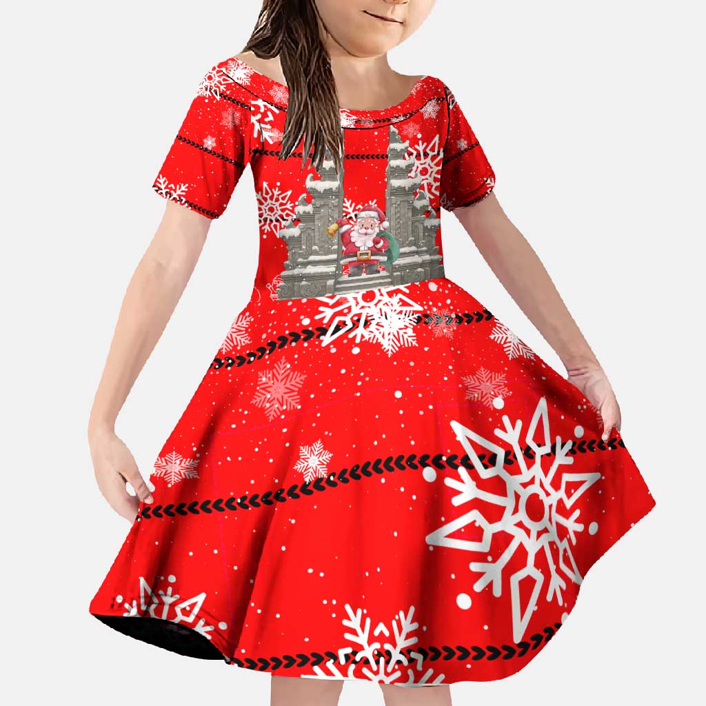 Indonesia Christmas Family Matching Short Sleeve Bodycon Dress and Hawaiian Shirt with Santa Temple Snowflakes and Red Candy Cane Pattern - Wonder Print Shop