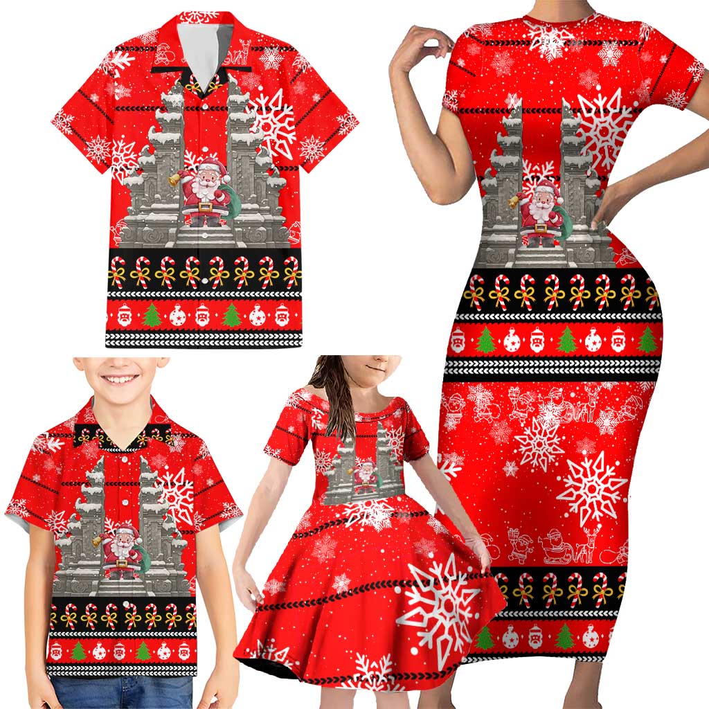 Indonesia Christmas Family Matching Short Sleeve Bodycon Dress and Hawaiian Shirt with Santa Temple Snowflakes and Red Candy Cane Pattern - Wonder Print Shop