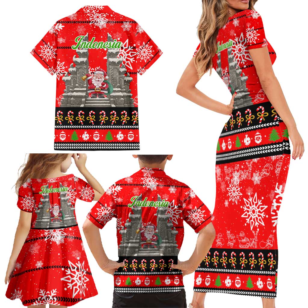 Indonesia Christmas Family Matching Short Sleeve Bodycon Dress and Hawaiian Shirt with Santa Temple Snowflakes and Red Candy Cane Pattern - Wonder Print Shop