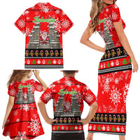 Indonesia Christmas Family Matching Short Sleeve Bodycon Dress and Hawaiian Shirt with Santa Temple Snowflakes and Red Candy Cane Pattern - Wonder Print Shop
