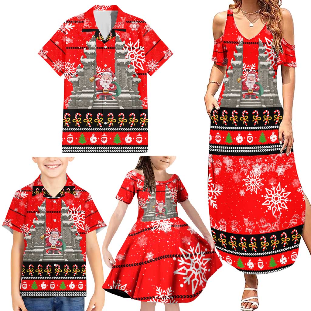 Indonesia Christmas Family Matching Summer Maxi Dress and Hawaiian Shirt with Santa Temple Snowflakes and Red Candy Cane Pattern - Wonder Print Shop
