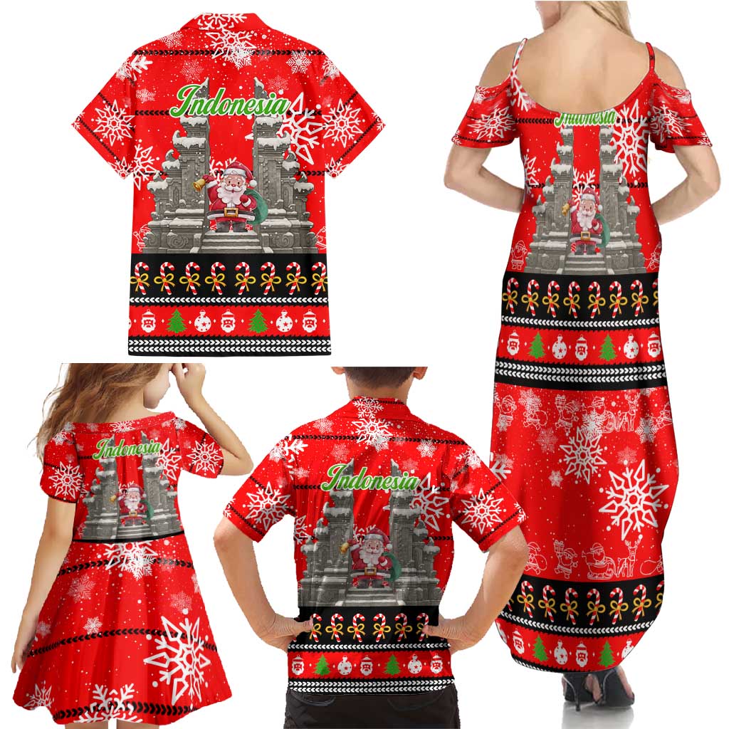 Indonesia Christmas Family Matching Summer Maxi Dress and Hawaiian Shirt with Santa Temple Snowflakes and Red Candy Cane Pattern - Wonder Print Shop
