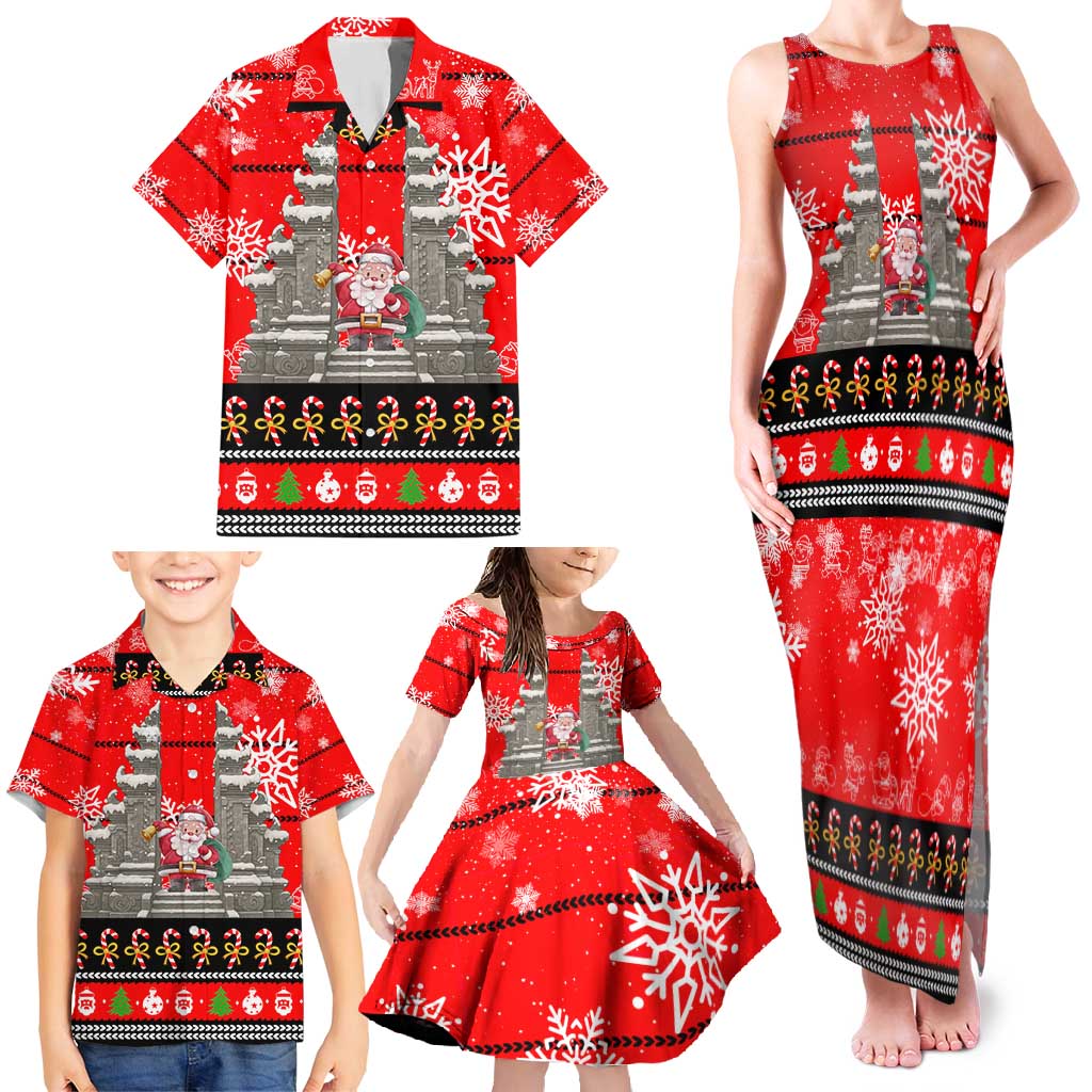 Indonesia Christmas Family Matching Tank Maxi Dress and Hawaiian Shirt with Santa Temple Snowflakes and Red Candy Cane Pattern - Wonder Print Shop