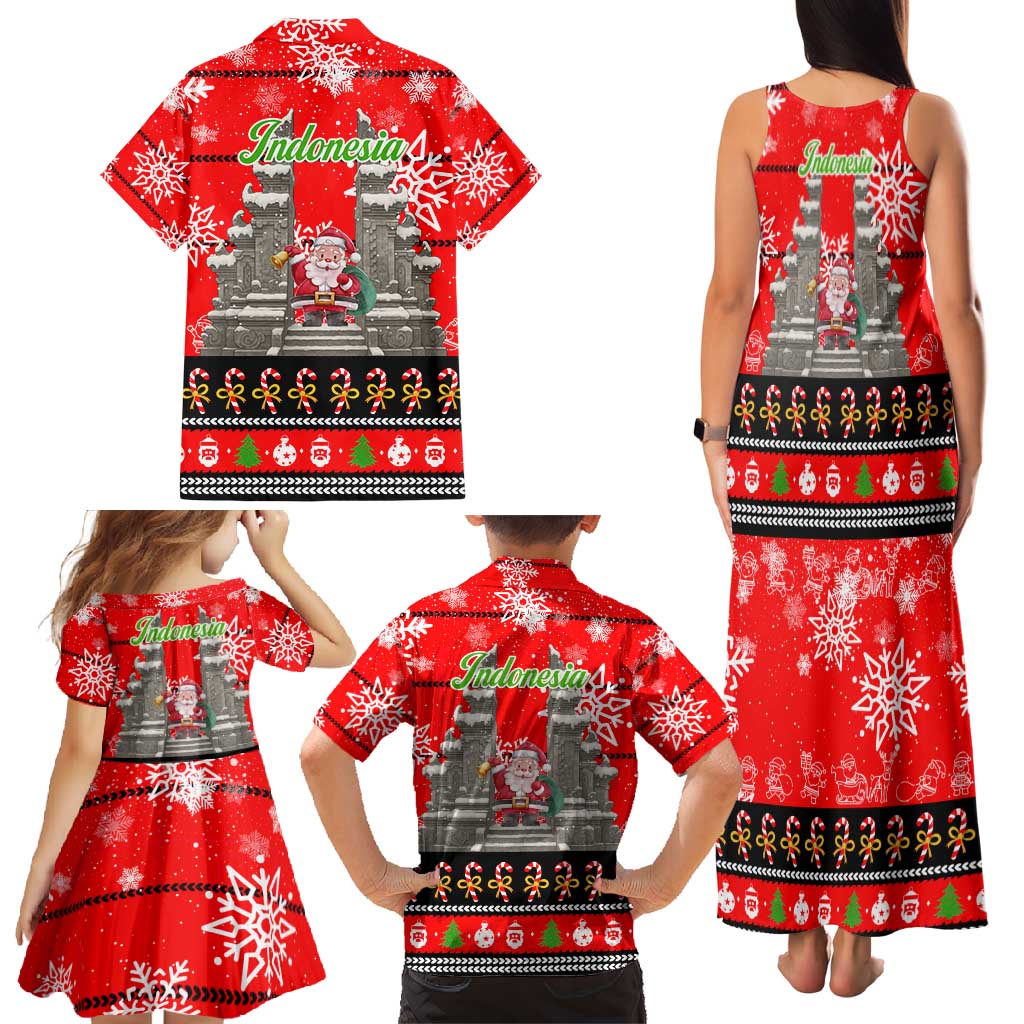 Indonesia Christmas Family Matching Tank Maxi Dress and Hawaiian Shirt with Santa Temple Snowflakes and Red Candy Cane Pattern - Wonder Print Shop