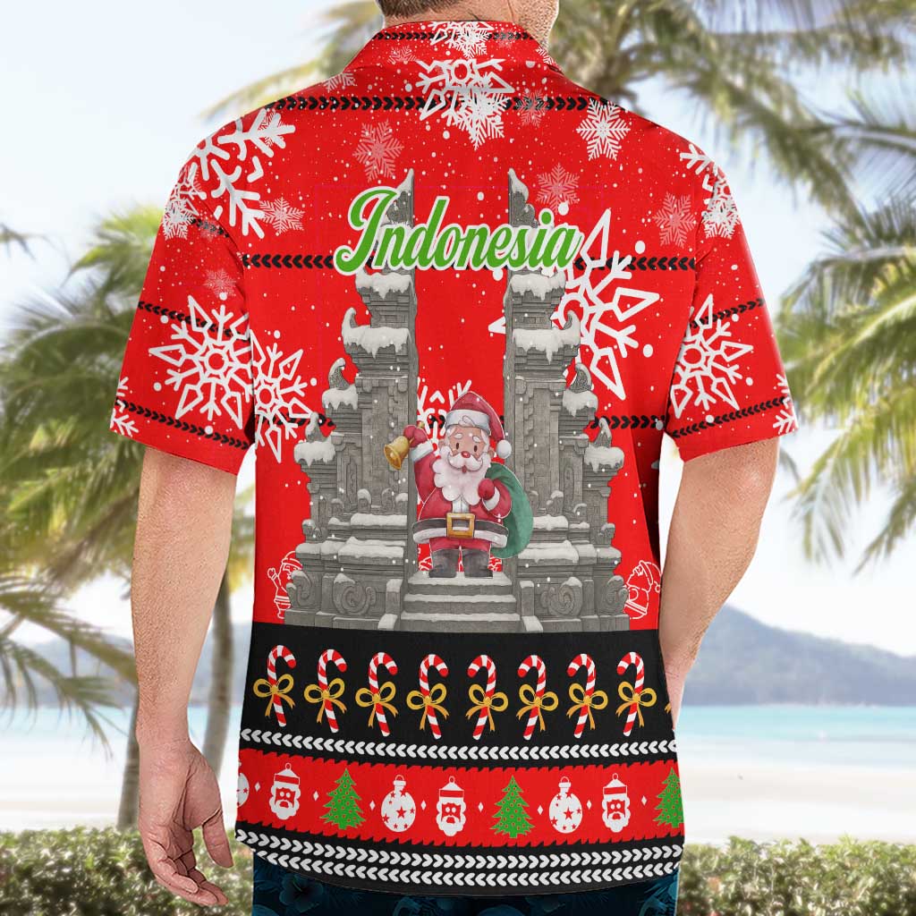 Indonesia Christmas Hawaiian Shirt with Santa Temple Snowflakes and Red Candy Cane Pattern - Wonder Print Shop