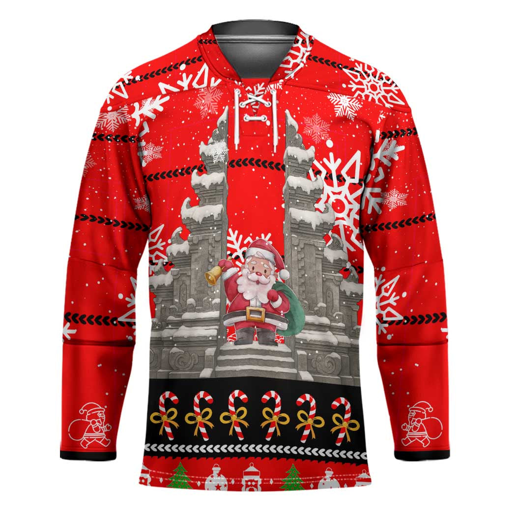 Indonesia Christmas Hockey Jersey with Santa Temple Snowflakes and Red Candy Cane Pattern - Wonder Print Shop