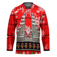 Indonesia Christmas Hockey Jersey with Santa Temple Snowflakes and Red Candy Cane Pattern - Wonder Print Shop