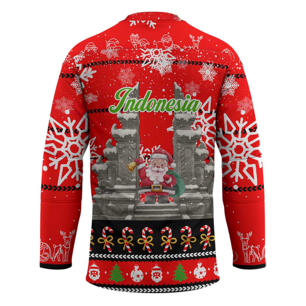 Indonesia Christmas Hockey Jersey with Santa Temple Snowflakes and Red Candy Cane Pattern - Wonder Print Shop