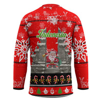 Indonesia Christmas Hockey Jersey with Santa Temple Snowflakes and Red Candy Cane Pattern - Wonder Print Shop