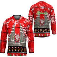 Indonesia Christmas Hockey Jersey with Santa Temple Snowflakes and Red Candy Cane Pattern - Wonder Print Shop