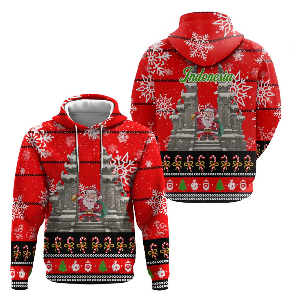 Indonesia Christmas Hoodie with Santa Temple Snowflakes and Red Candy Cane Pattern - Wonder Print Shop