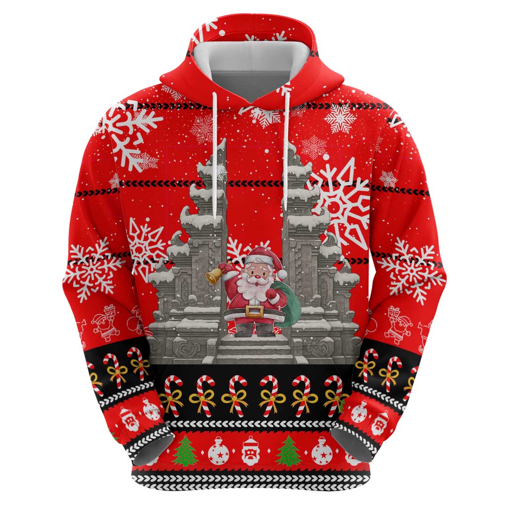 Indonesia Christmas Hoodie with Santa Temple Snowflakes and Red Candy Cane Pattern - Wonder Print Shop