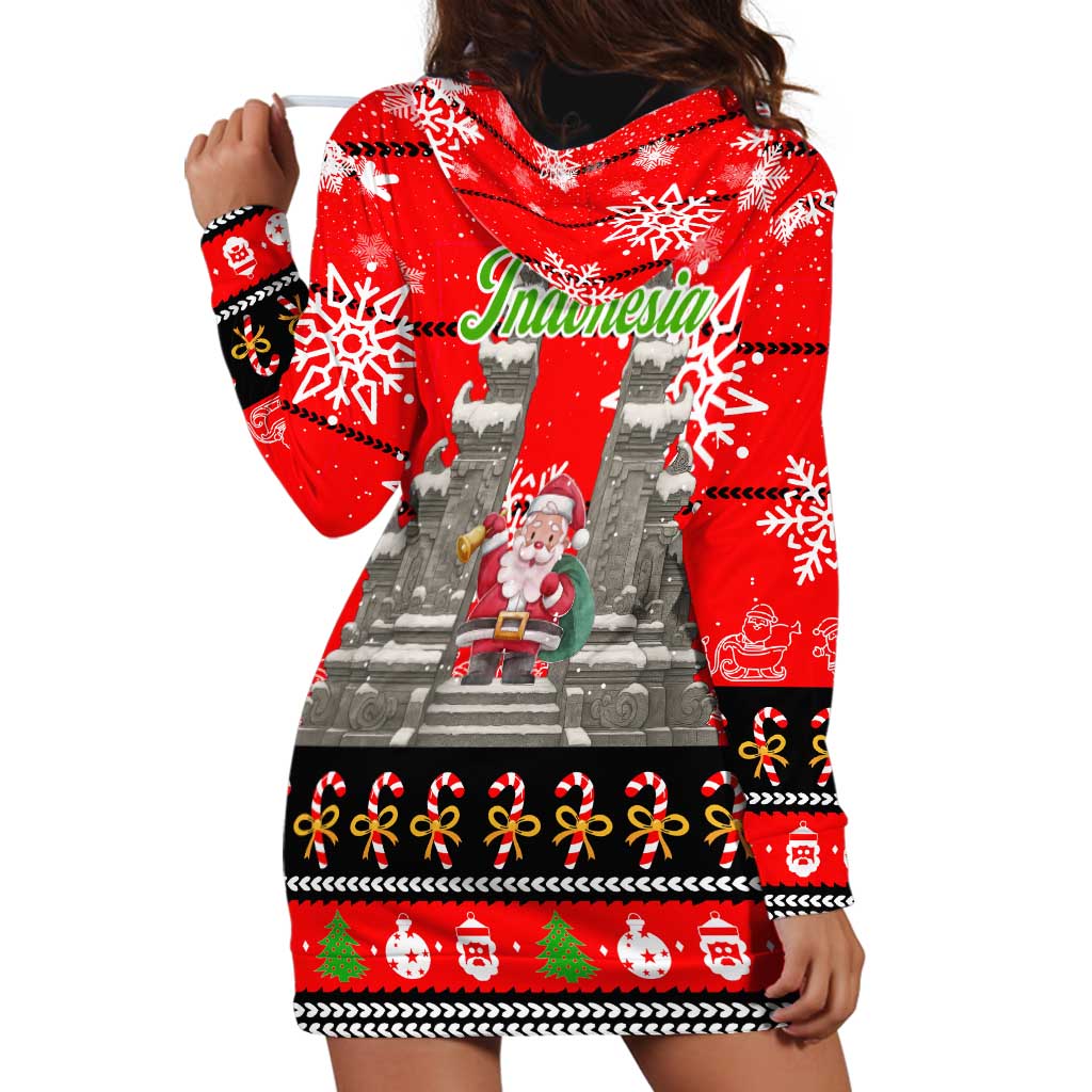 Indonesia Christmas Hoodie Dress with Santa Temple Snowflakes and Red Candy Cane Pattern - Wonder Print Shop