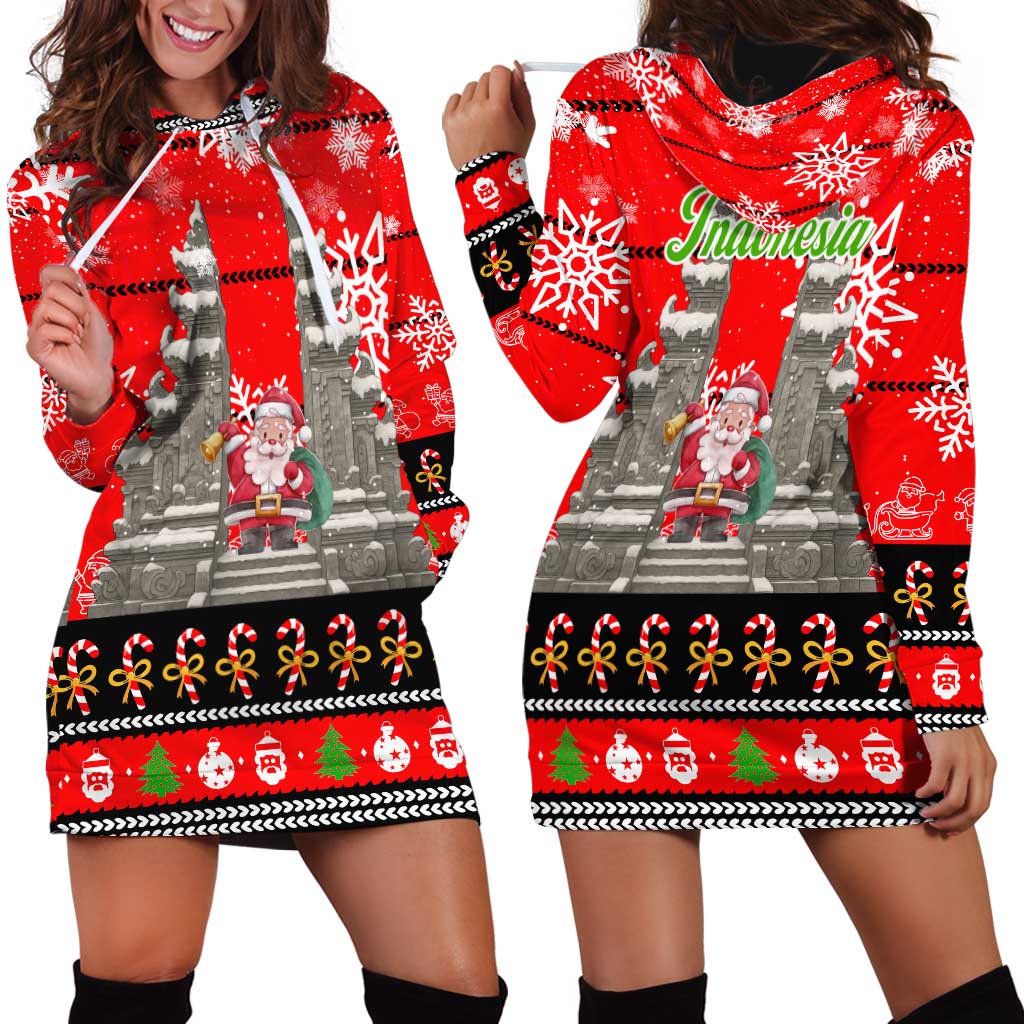 Indonesia Christmas Hoodie Dress with Santa Temple Snowflakes and Red Candy Cane Pattern - Wonder Print Shop